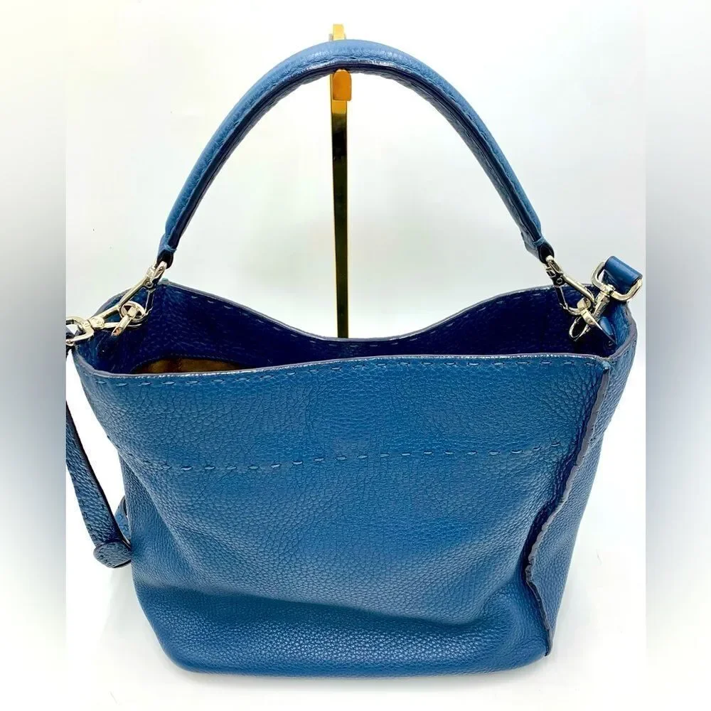 Auth Fendi Cuoio Romano Blue Selleria cLeather 2way Anna Bucket Bag Hobo Shopper